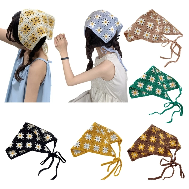 

Elegant Flower Pattern Hair Kerchief Crochet Bandanas Tie Back Headwrap