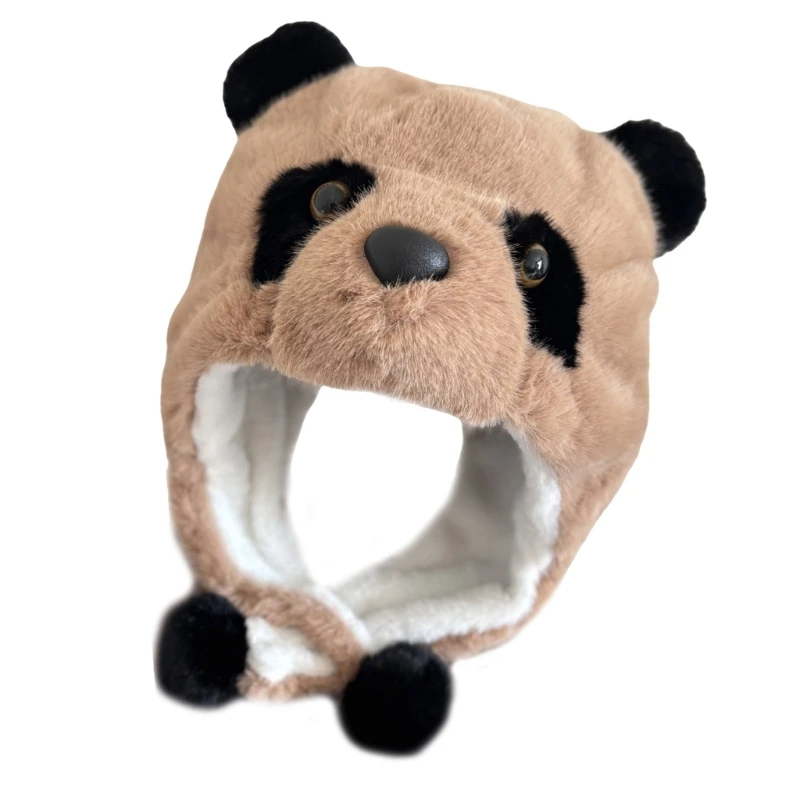 Furry Plush Panda Hat for Winter Warm Fleece Headgear Cosplay Party Costume Hat Unisex Trapper Hat for Mountain Climbing