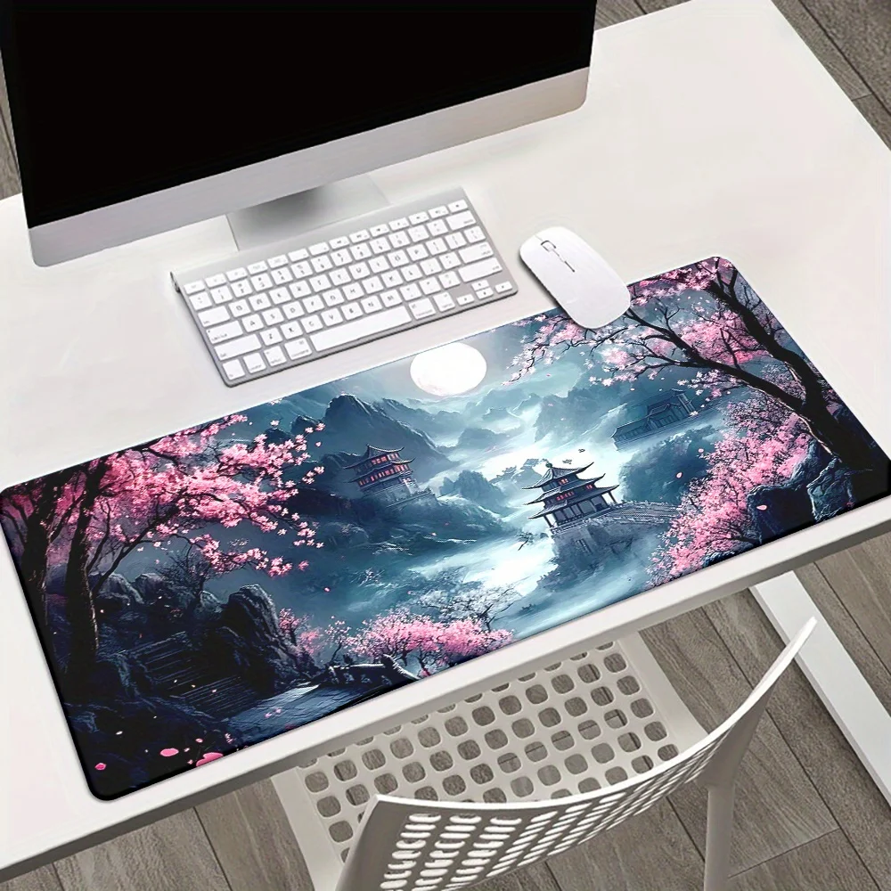 

Коврик для мыши Cherry Blossom Night Game, большой настольный коврик с нескользящей резиновой основой, с принтом пейзажа.