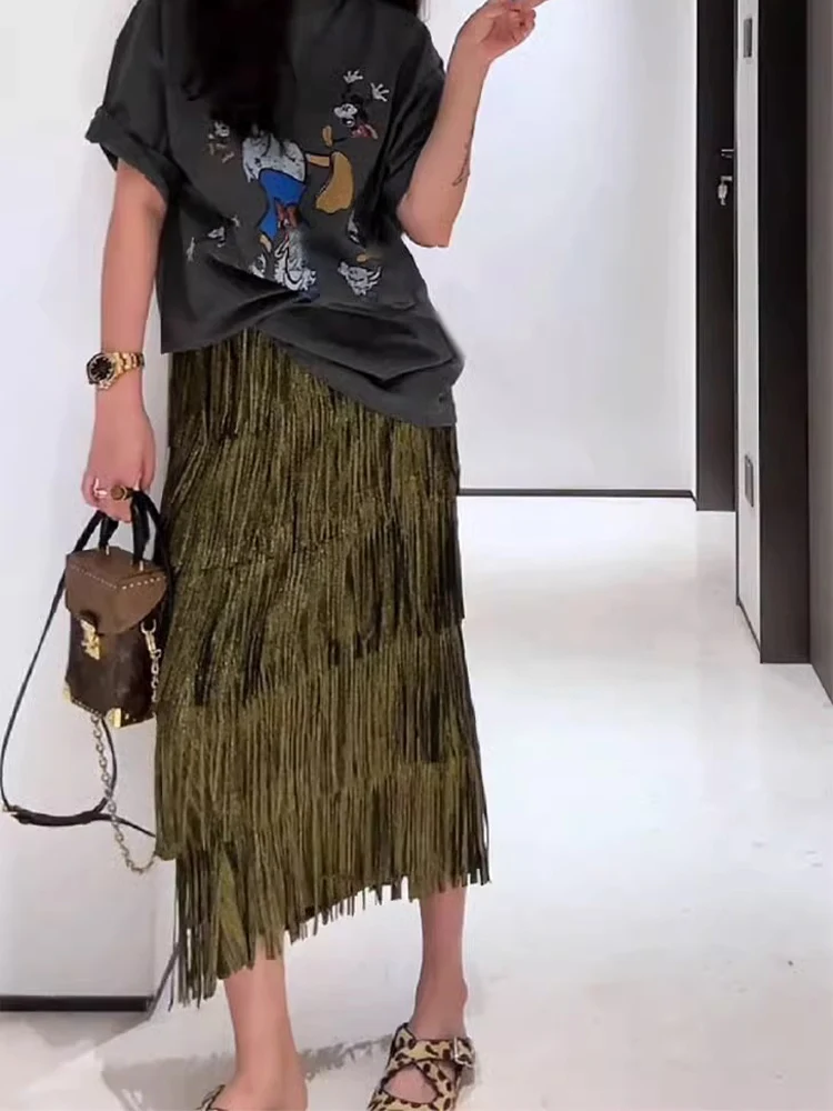 

Ретро-юбка с золотистой бахромой, женская модная плиссированная летняя юбка с эластичной высокой талией, корейский стиль, для повседневной носки, из полиэстера