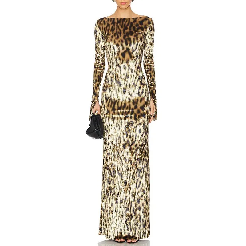 

SXTHARNOO Autumn Retro Leopard Print round Neck High Waist Elastic Slim Long Sleeve Dress Women's Fashion High Street Long Dress