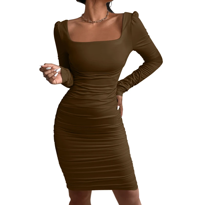 Autumn Winter Long Sleeved Dresses Women\'s Fashionable Temperament Square Neck Midi Dress Sexy Party Club Dress