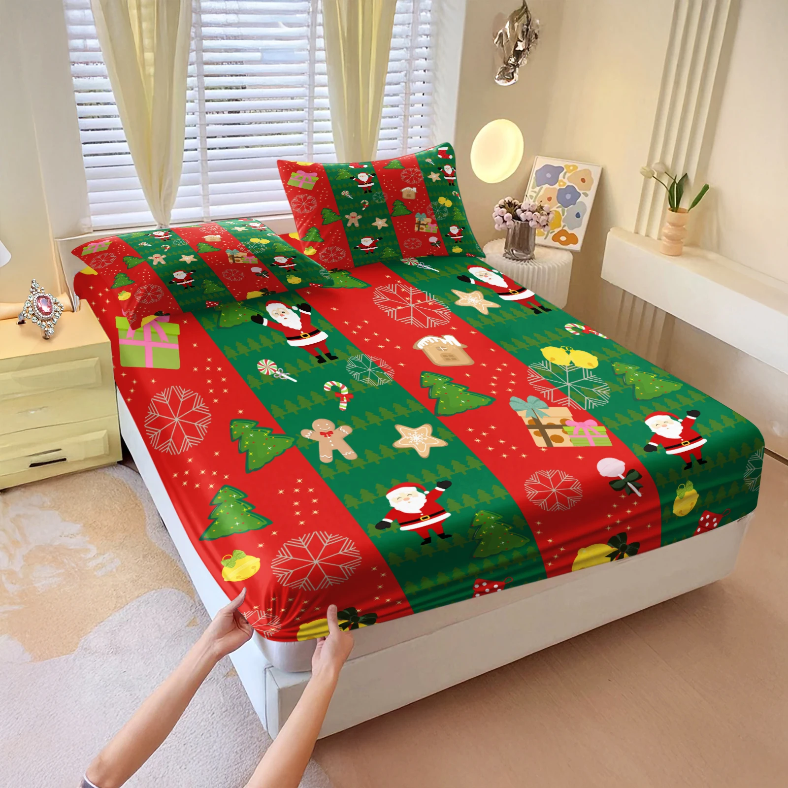 Retro Christmas Stripe Fitted Sheet with Santa & Trees. Cozy Festive Holiday Bedding