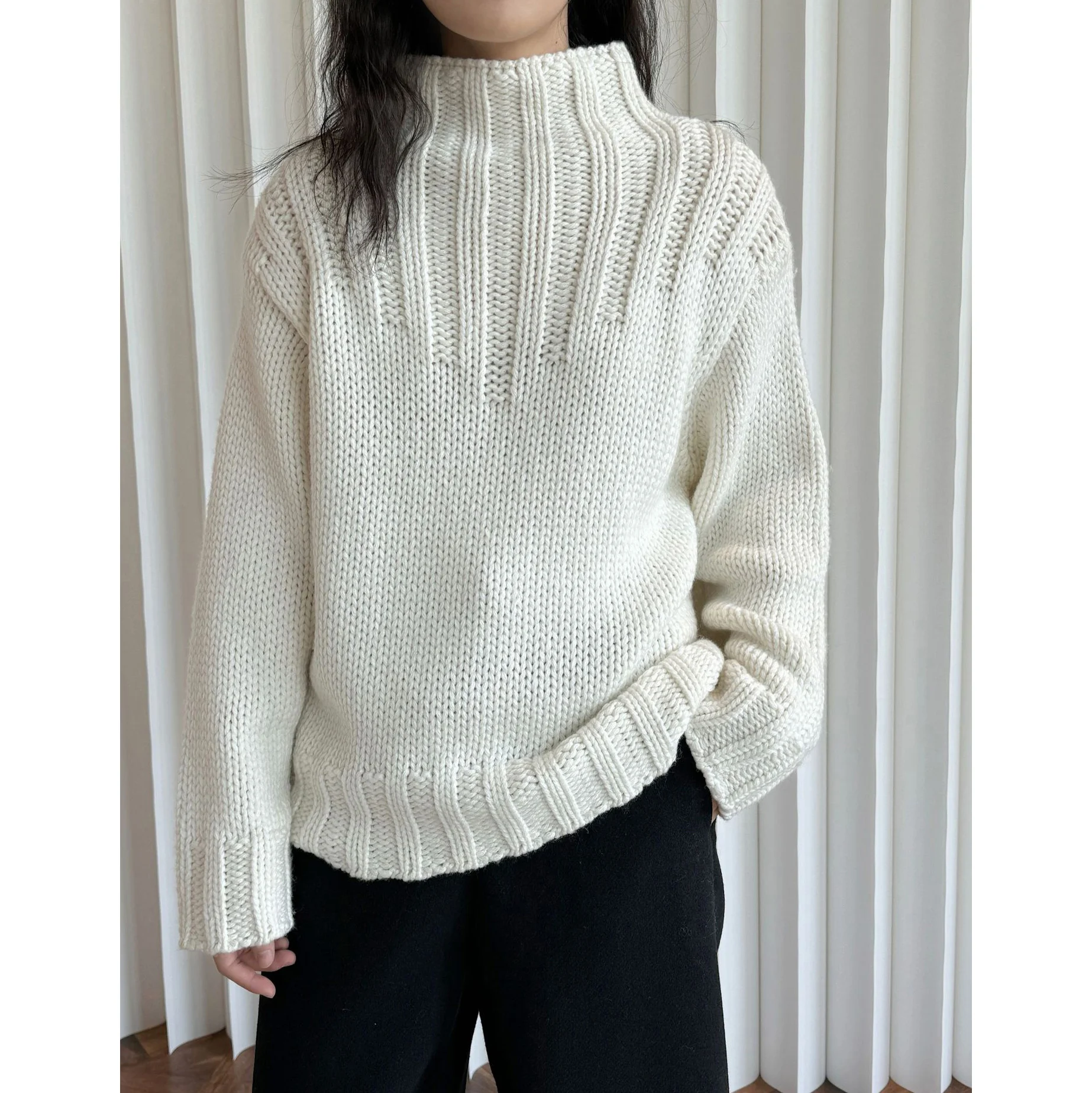 Chunky Turtleneck Sweaters Women Textured Wool Blended High Neck Jumper Pullover Vintage