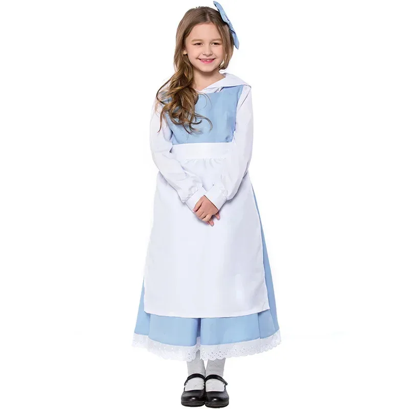 Deluxe Child Beauty And The Beast Belle Maid Cosplay Costume Girl Servant French Halloween Purim Book Week Fancy Dress IA2361