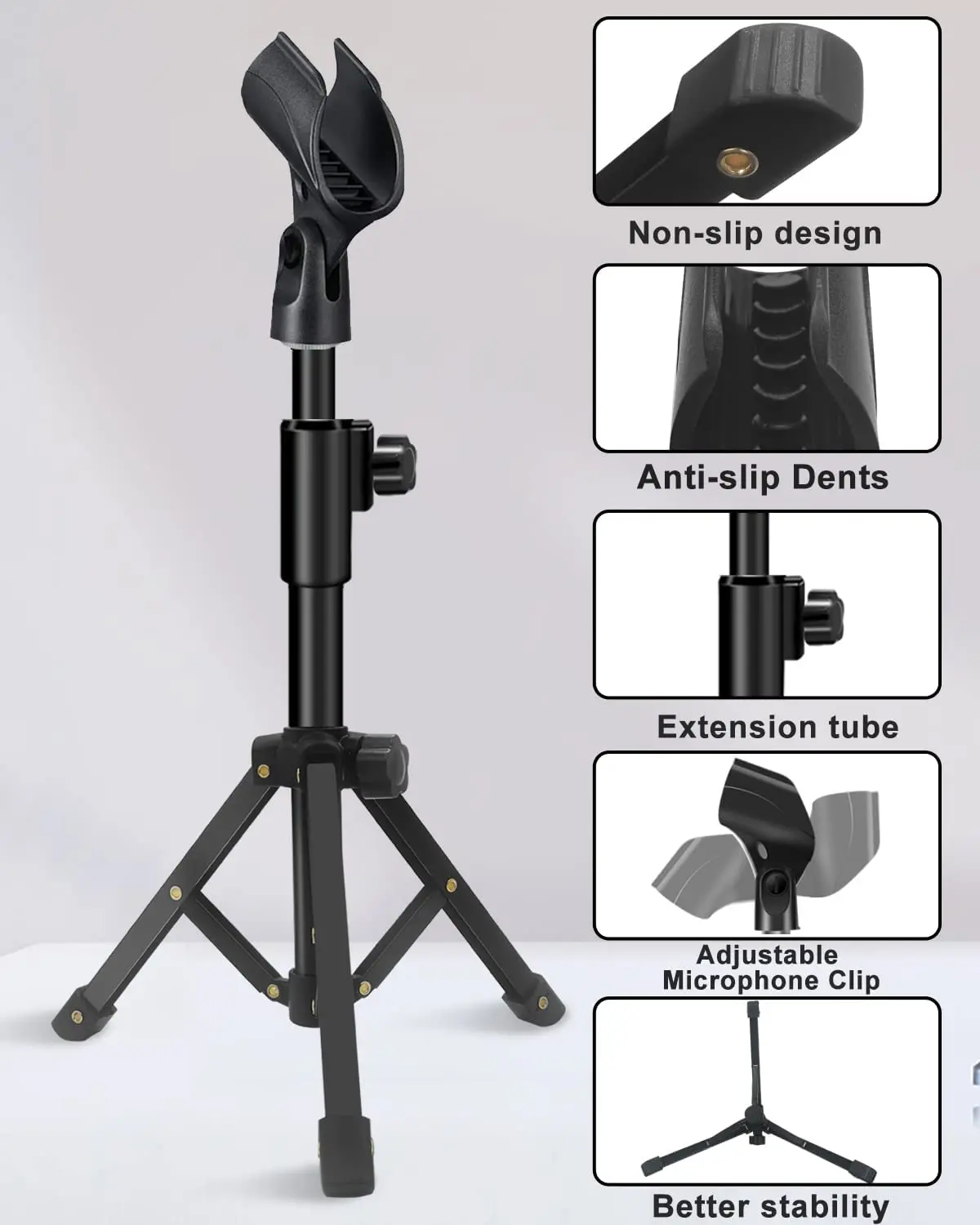 حامل ميكروفون محمول قابل للتعديل مع حامل ثلاثي القوائم لسطح الطاولة مع حامل مشبك ميكروفون لـ SM58، SM57، Samson