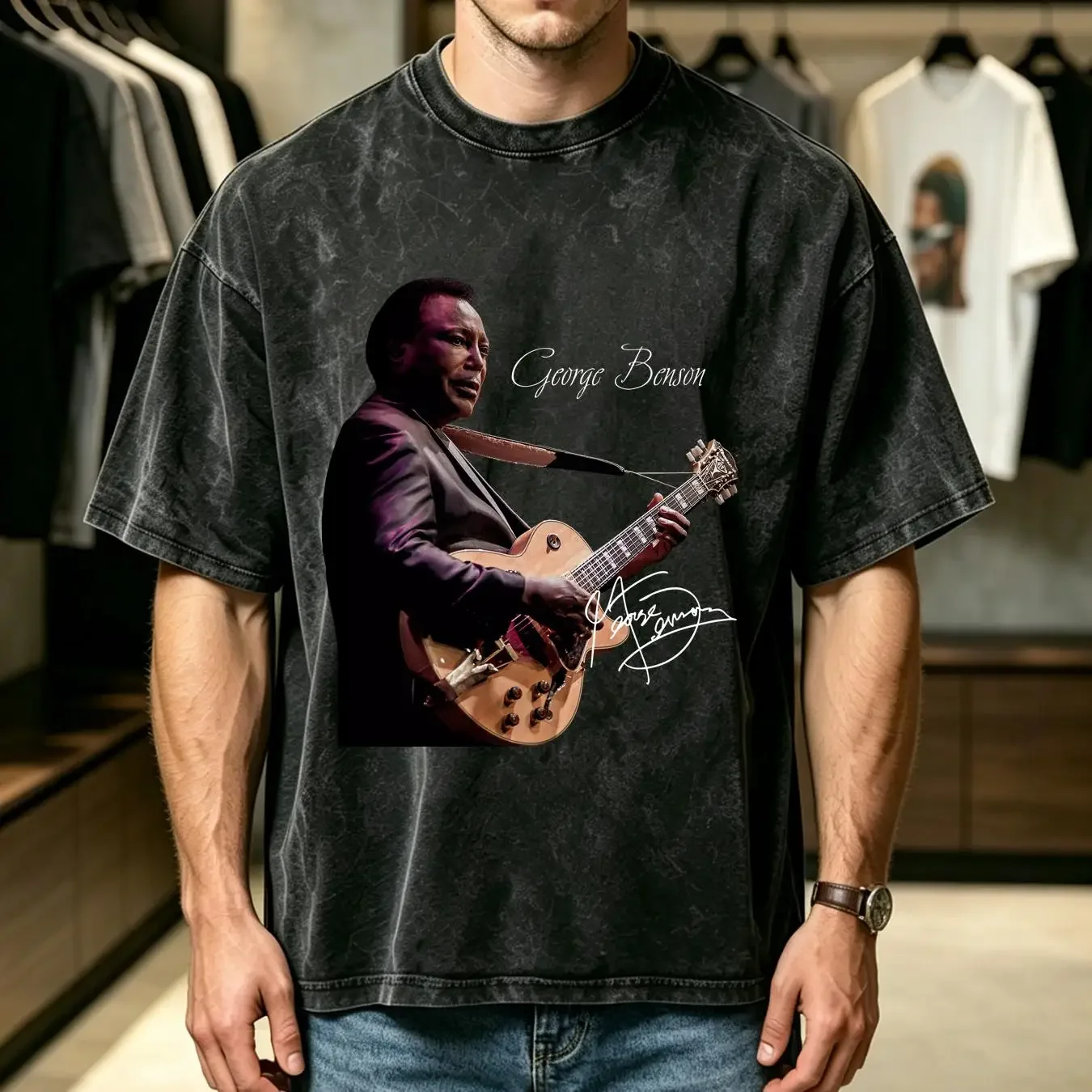 washed T Shirt Guitarist Signature George Benson  Black S 5XL PE323 long sleeves vintage Washed Stylish Comfortable Versatile