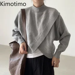 Kimotimo Irregular Design Sweater Women Korean Chic Stand Collar All-match Pullover Autumn Long Sleeve Loose Split Sweaters