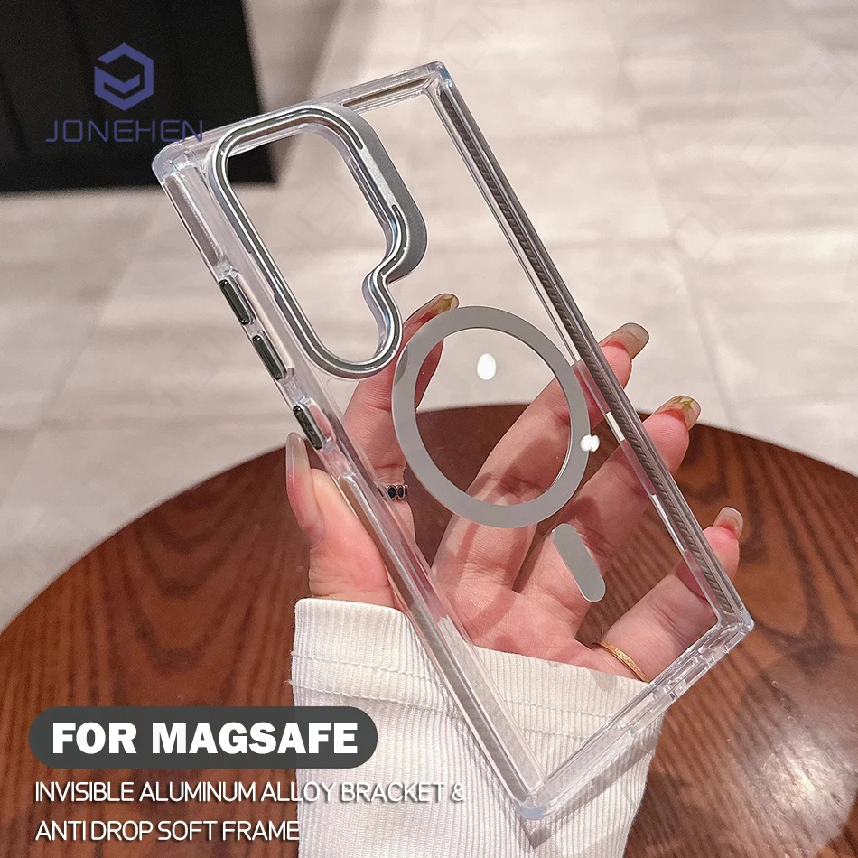 

Прозрачный чехол для Magsafe со скрытым держателем для Samsung Galaxy S25 S24 Ultra S23 Plus, противоударная рамка, магнитный чехол для беспроводной зарядки