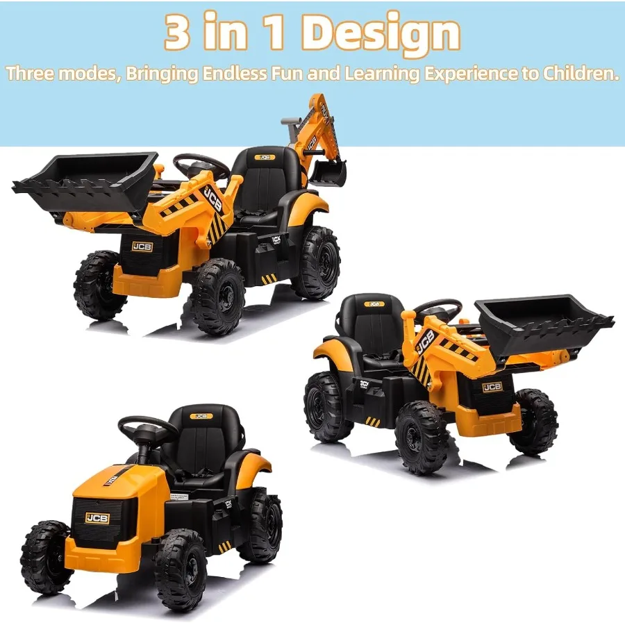 Koparka JCB 24V z funkcją jazdy, 3 w 1: koparko-ładowarka z przednim ładowarką i tylnym ramieniem, zdalne sterowanie, powolny start/stop, regulacja.
