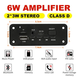 2*3W 6W Amplifier 5V MP3 Decoder Board Bluetooth 5.0 Stereo Audio DIY Car MP3 Player FM Radio TF USB 3.5mm Mic jack Record Call