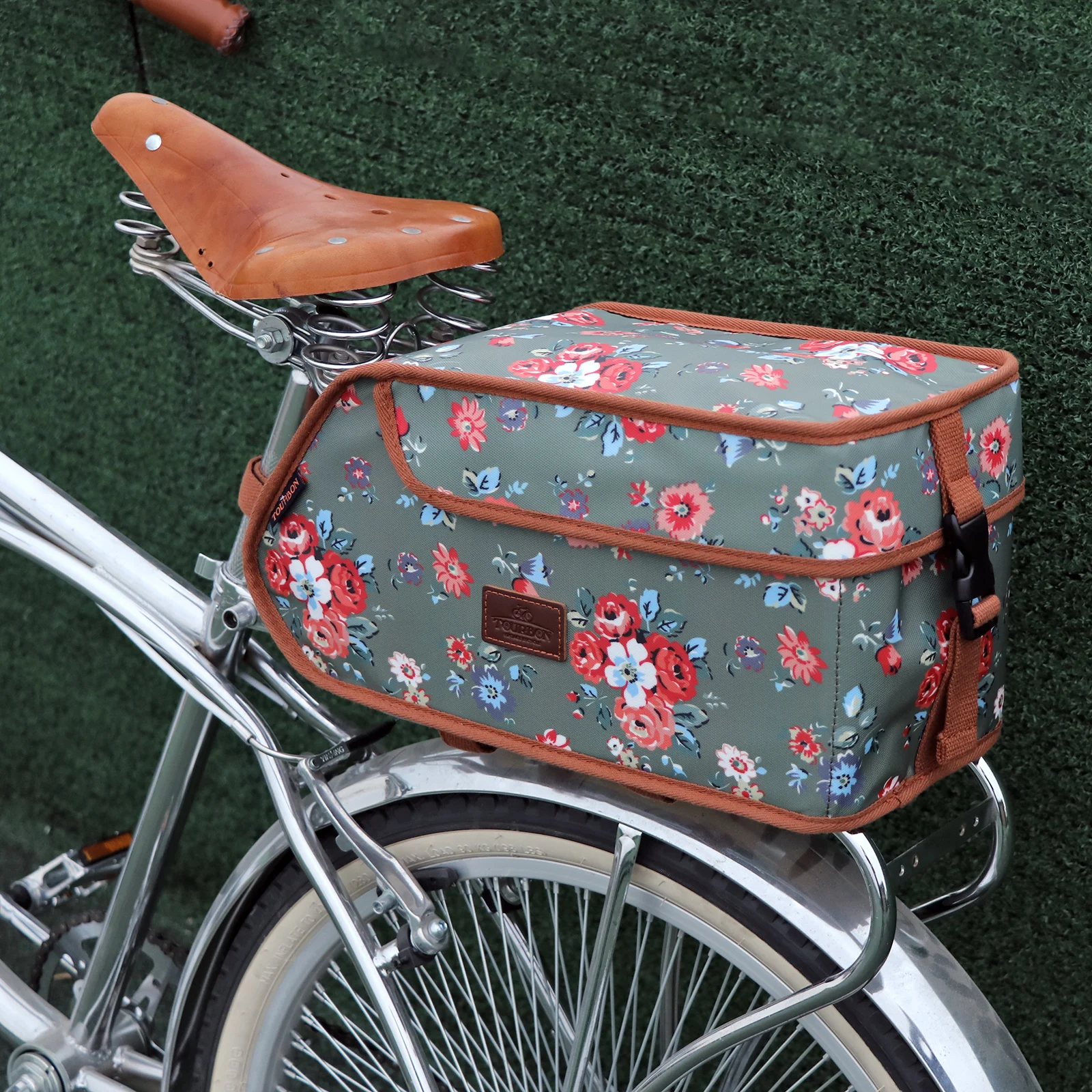 Tourbon Bike Accessories Bicycle Insulated Cooler Bag Bike Seat Saddle Bag Trunk Waxed Canvas Pouch Waterproof Flower Green