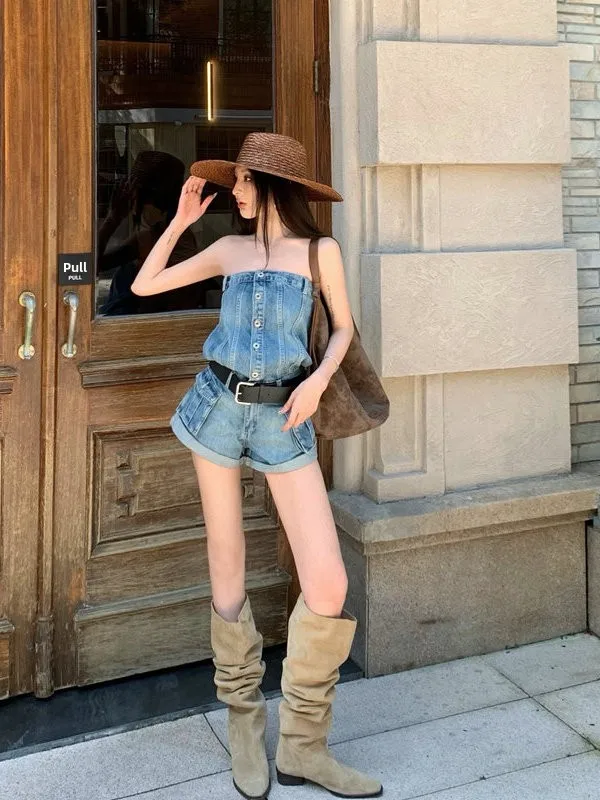 Summer Short Sleeve Denim Romper Women's High Waist Shorts American Retro Hong Kong Style Music Festival Hong Kong Film