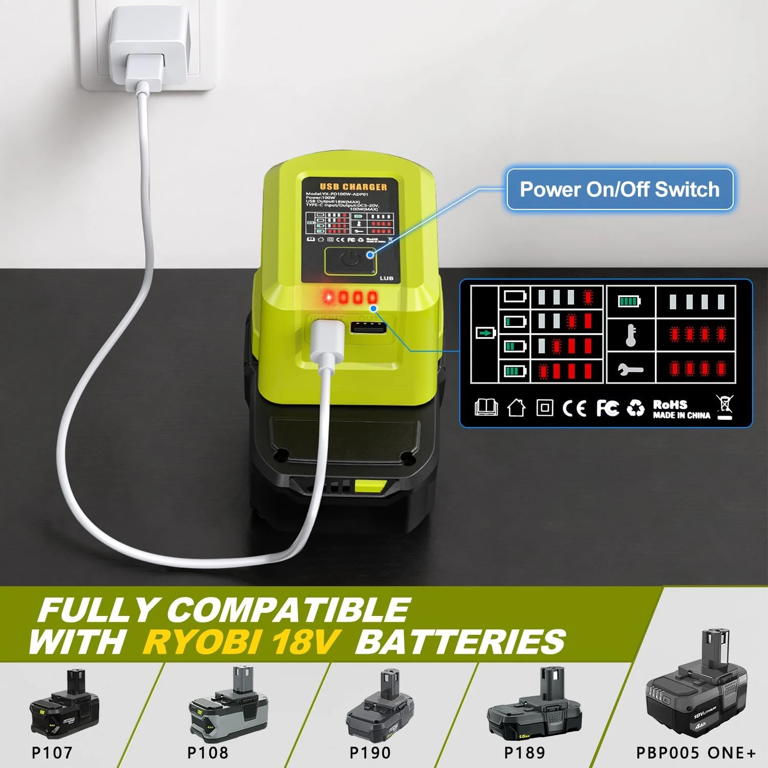 NEUES Verbessertes Tragbares 100W Schnellladegerät ADP01 für Ryobi 18V ONE+ Lithium-Akku, USB-Anschluss, Zwei-Wege-Ladegerät – Detail 4