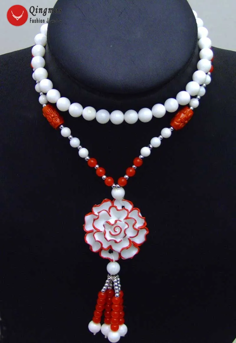 Collar con colgante de flor roja de 40mm de Qingmos para mujer con concha de almeja gigante de 8mm, collar para suéter de 26 pulgadas, joyería con dijes para mujer nec5875