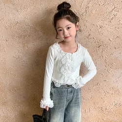 Children Clothing Girls T-shirt 2024 Spring New Fashionable Girls Sweet Lace Long Sleeve Princess Sweet Solid Color Top