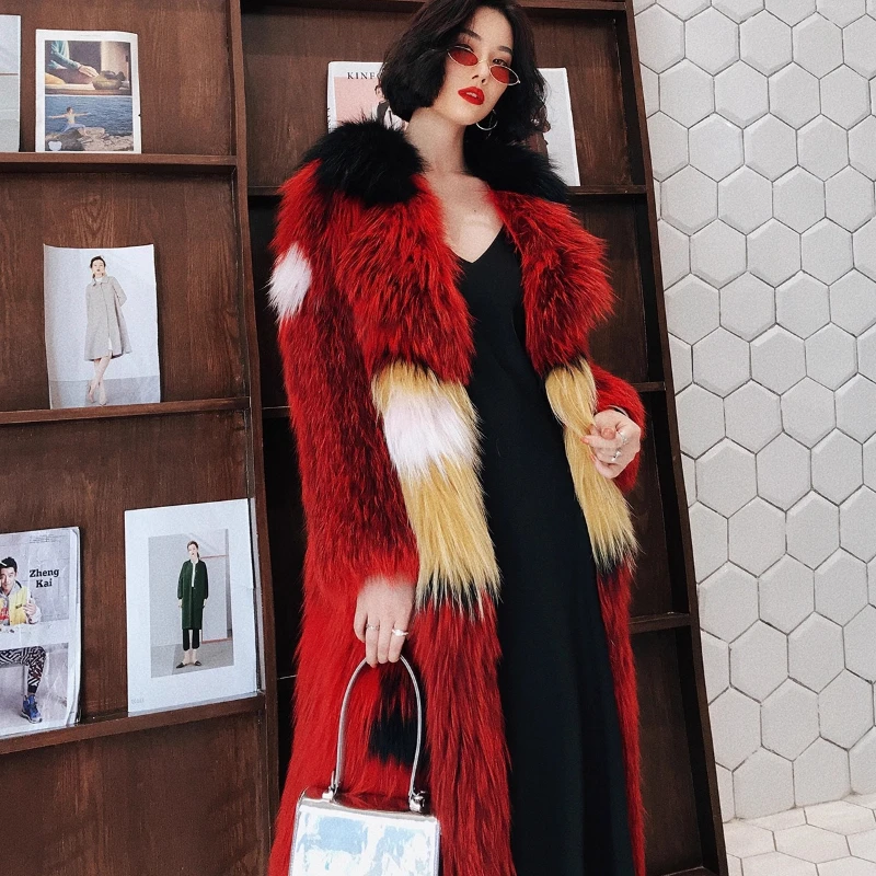 YOLANFAIRY 秋冬 輸入フォックスファー カラーブロッキング ファーメッシュ レッドカバー 通勤スタイル ロングオーバーコート 女性用コート 2025