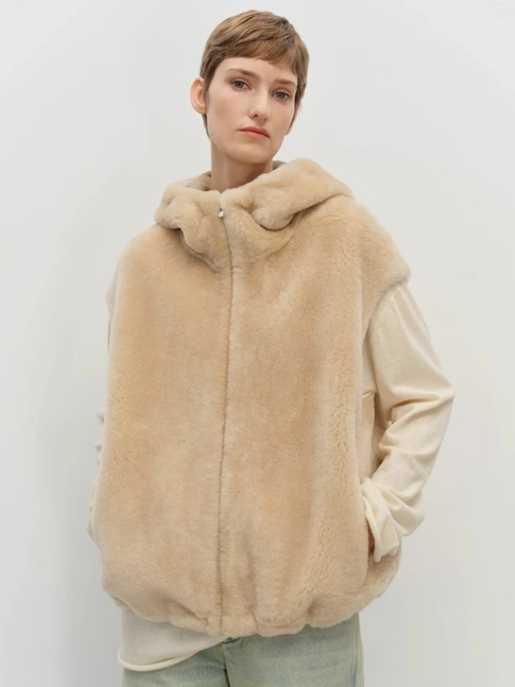 High-end Luxury Merino Sheep Fur Sleeveless Vest Jackets Women Autumn Winter Simple Short Hooded Genuine Leather Real Fur Coat