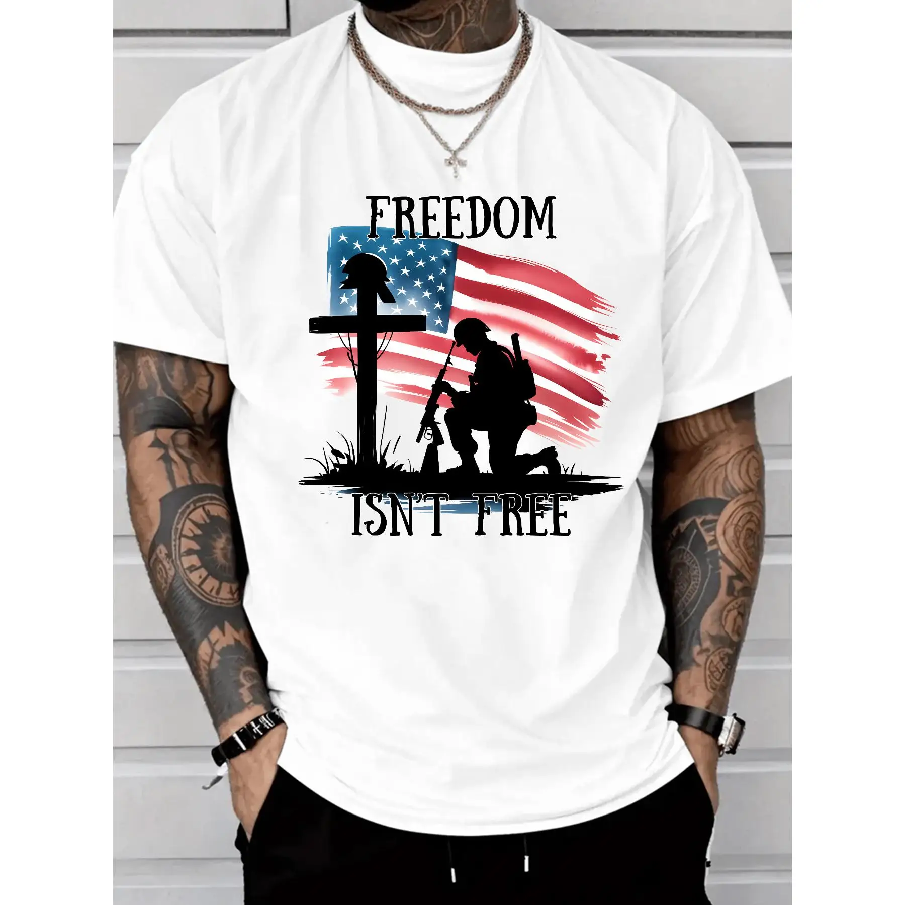 

Freedom Isn't Free T-Shirt, Patriotic American Flag Soldier Grave Memorial Day T-Shirt, Veteran's Remembrance Top for Men
