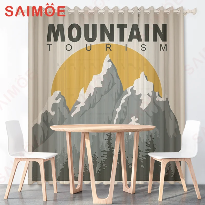 Vintage Forest Nature Scenery Curtains Cloud Mist Tree Solid Color Background Thin Polyester Fabric Office Decoration with Hooks