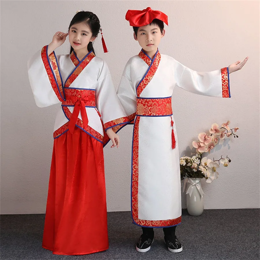 Chinese Hanfu Traditional Crane Embroider Kids Clothes Set Children Tang Suit Girls Party Dress Boys Kung Fu Tops Skirts Pantse