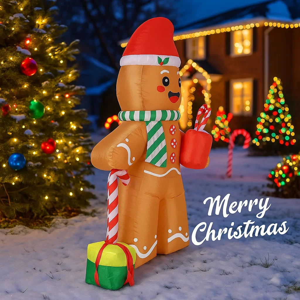 7.87FT LED Light Xmas Inflatable Gingerbread Man Toys Party Decor Home Ornaments Supplies Christmas Yard Lawn Holiday Gifts