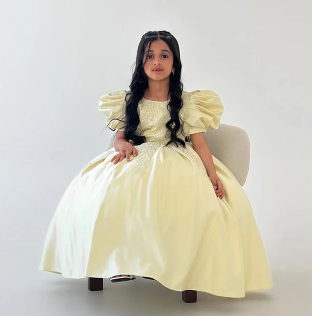 

Luxury Sequined Applique Short Puff Sleeve Princess Flower Girl Dress Ankle Length Long Ball First Communion Gown Customized