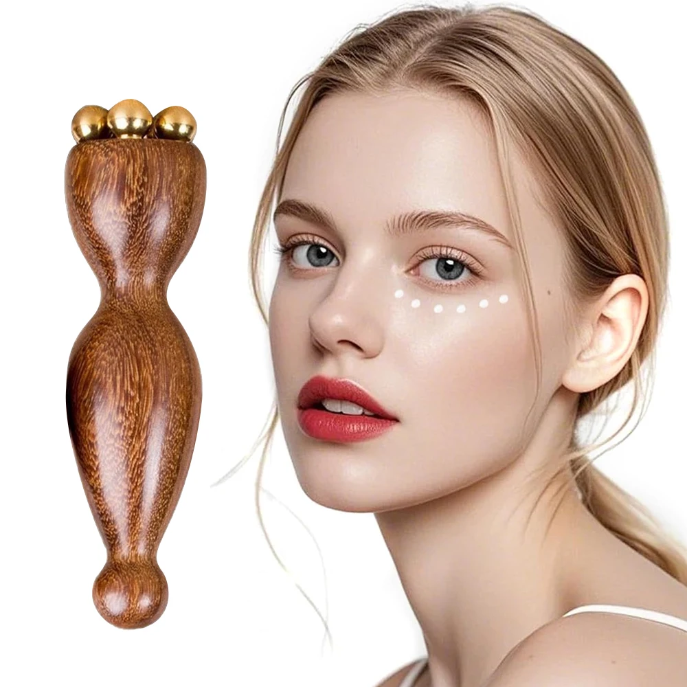 

1PCS Mini Ice Roller, Sandalwood Facial Massage Tool, 5 Copper Beads for Face and Eyes, Travel Size