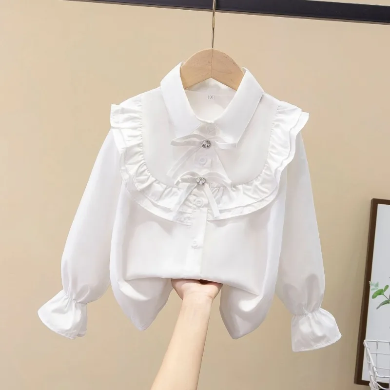 Children\'s Shirt White Long-sleeved Spring and Autumn School Uniforms Performance Clothes Lace Girls Student Clothes 2024 New