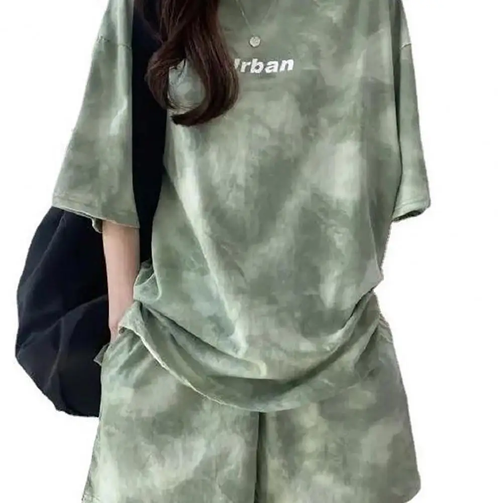 2Pcs Loose Women T-shirt Shorts Set Tie-dye Mid Length Top Elastic Waist Shorts Oversized Casual Sport Daily Wear Top Pants Set