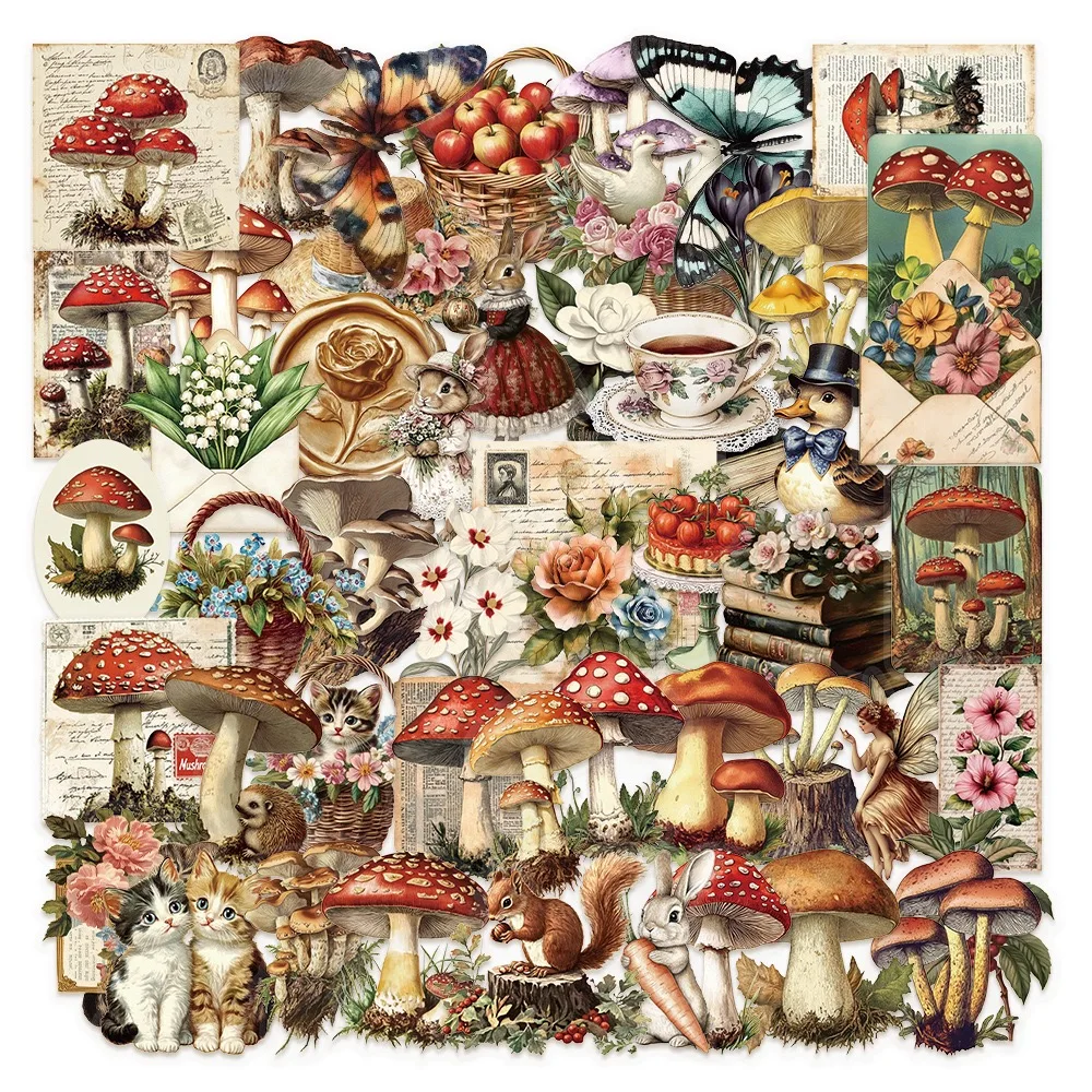 10/50PCS Cute Vintage Forest Animal Mushroom Stickers for DIY Scrapbooking Phone Laptop Suitcase Guitar Car Skateboard Helmet