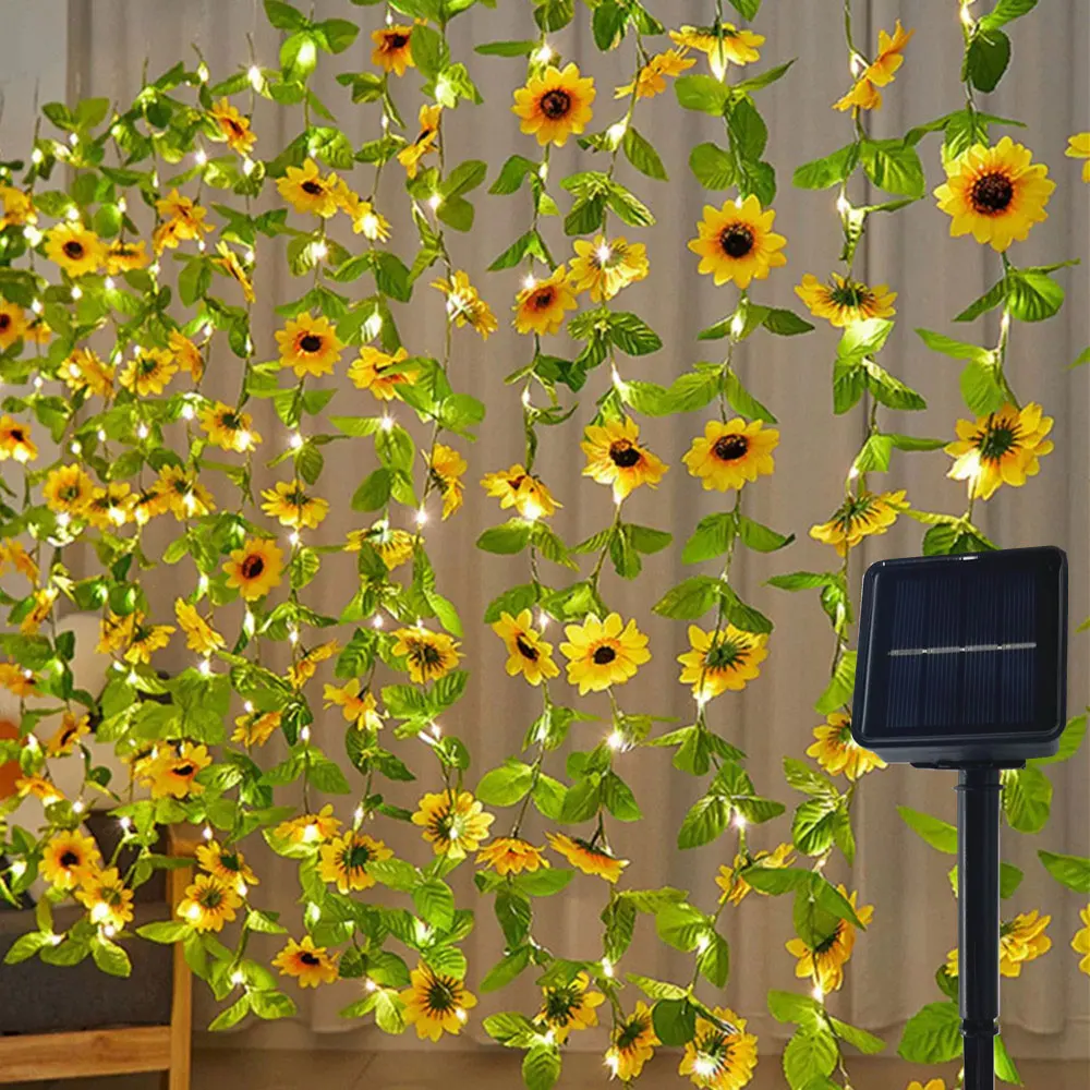 2/5/10M Solar Sunflower Light String Outdoor Fairy Lamp 8 Mode Artificial Plant Leaf for Wedding Camping Garden Fence Decoration