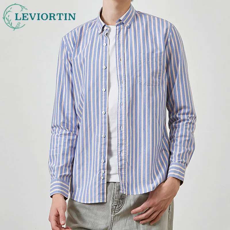 Men's Striped Oxford Shirt Long Sleeve Casual Business Wear 100% Cotton Regular Fit Button Down Shirts