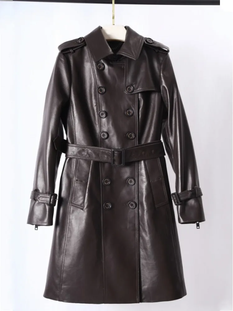 Women Belted Double Breasted Mid Long 100% Sheepskin Genuine Leather Jacket Autumn Winter Office Ladies Windbreaker Trench Coat