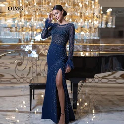 OIMG Navy Blue Sequins Satin Feather Arabic Evening Dresses Full Sleeves Floor-Length Formal Dress for Women Beach vestidos