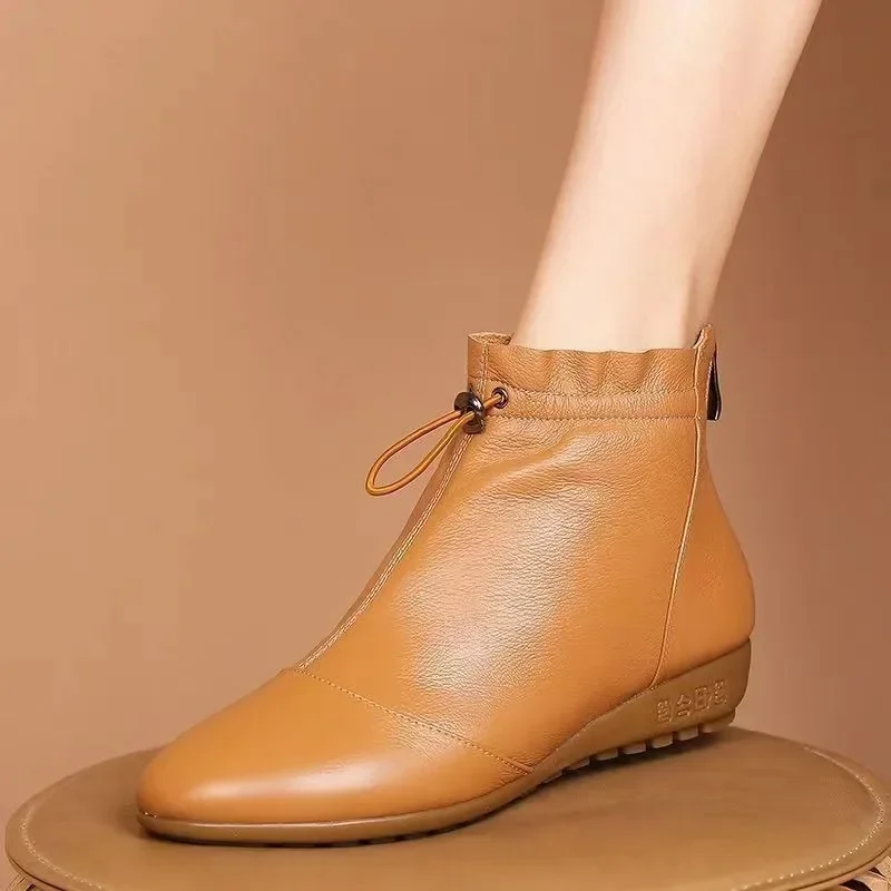 Women Sonw Boots Elastic Band Modern Boots Yellow Wedge Heels Winter Warm Velvet Shoes Leather Botas Mujer Mom Ankle Boots