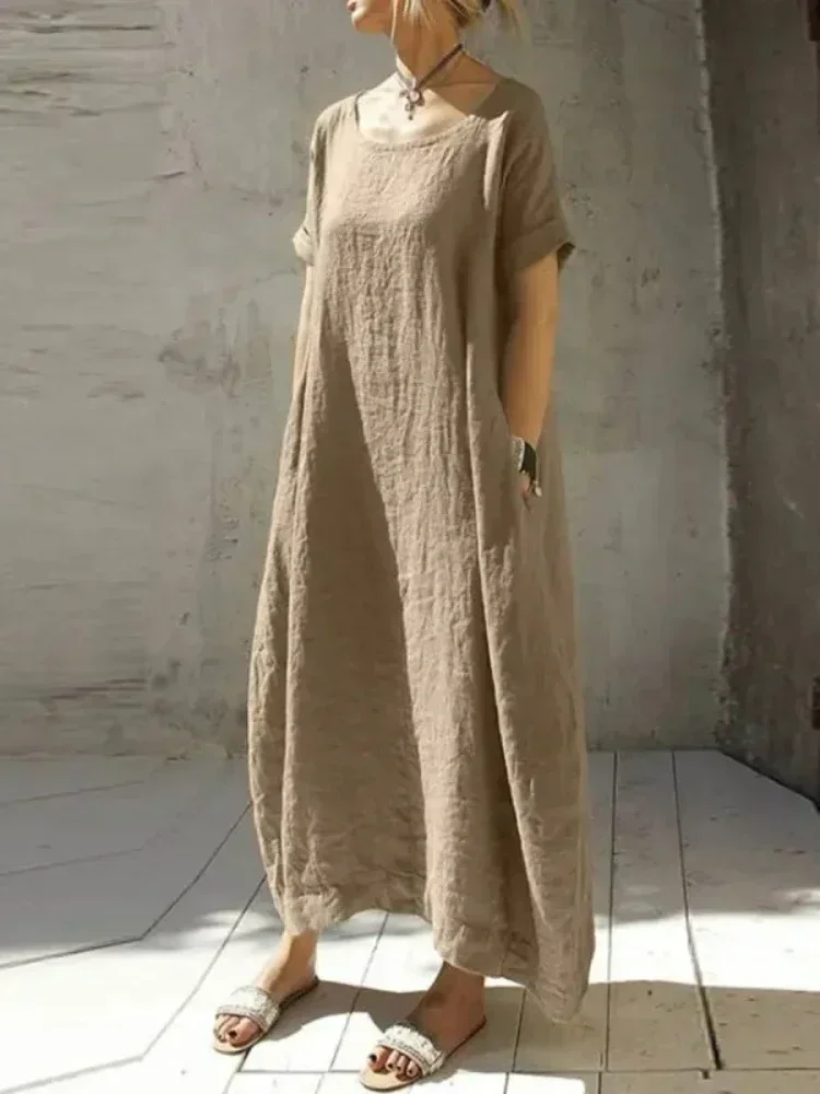 

Casual Women Long Dress Oversized Loose Short Sleeve Dress for Women Reathable Round Neck Holiday Dresses 2024 Autumn Clothes