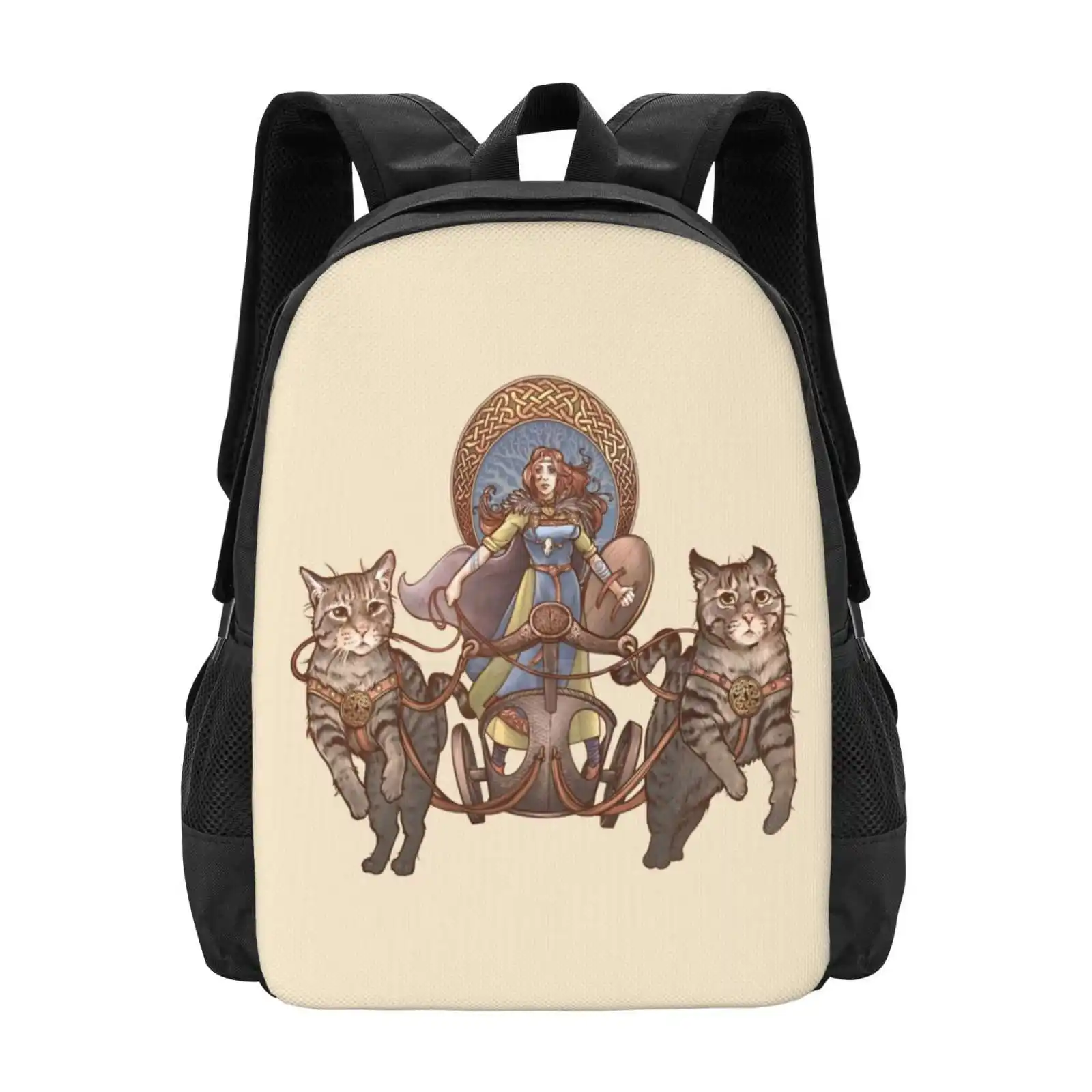 Driving Her Cat Chariot Backpacks For School Teenagers Girls Travel Bags Freyja Norse Goddess Knotwork Cats Kitty Wicca