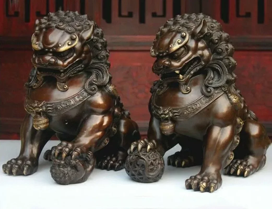 16cm Pair Feng Shui Classical Bronze Lion Statue Evil Guardian Door Fu Foo Dog