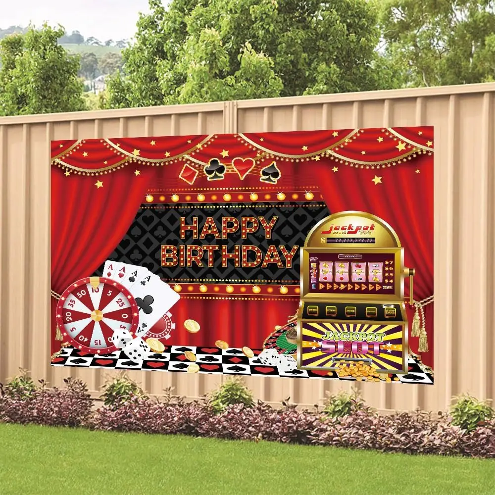 Casino Themed Happy Birthday Tapestry, Las Vegas Style with Poker and Slot Machine Print Wall Hanging for Party Decor view 4