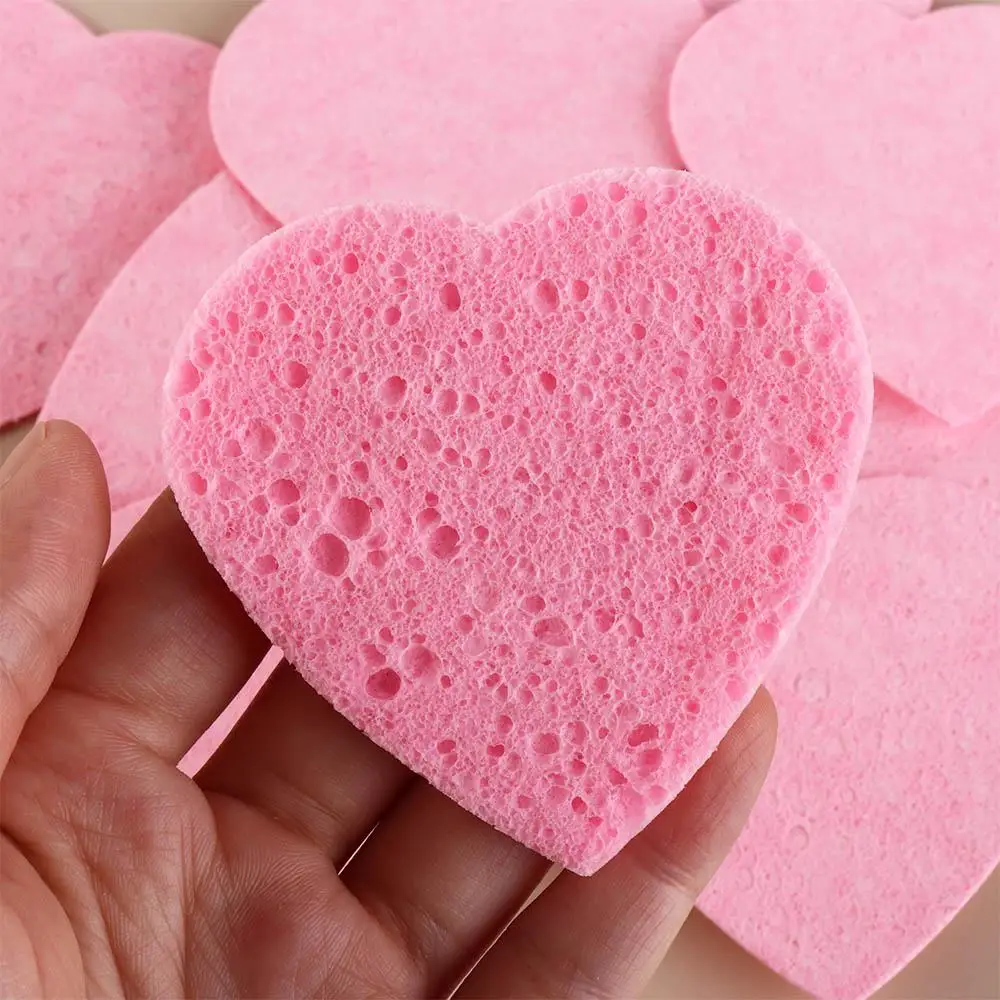 Heart Shaped Cosmetic Puff para lavagem facial, esponja de limpeza, esponja comprimida, ferramenta removedor de maquiagem, rosa, natural, 7mm, 10 peças