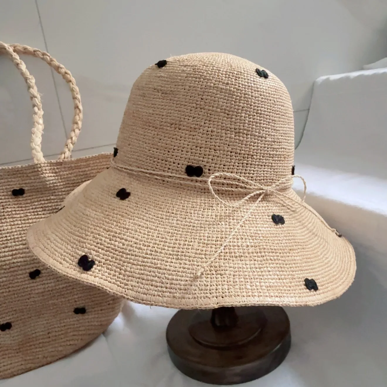 Picture 3: Raffia Straw Bow Decor Sun Hat Tote Bag Set Natural Handmade Beach Accessories Foldable Wide Brim Hat  Large Capacity Bag |