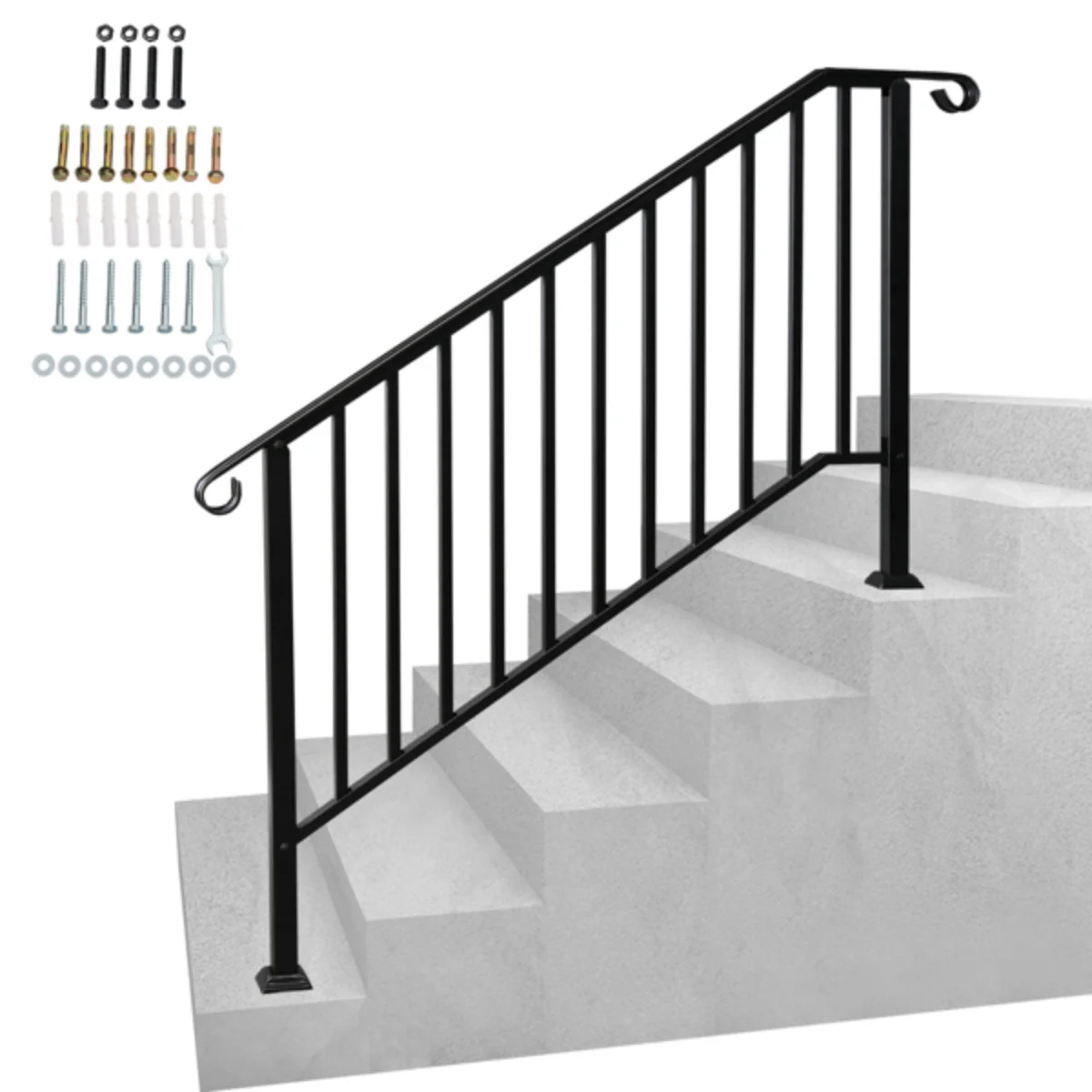 

Matte Black 4-Step Courtyard Stair Handrail | Safety Reinforced Design - Anti-Slip & Rustproof, Indoor/Outdoor Universal