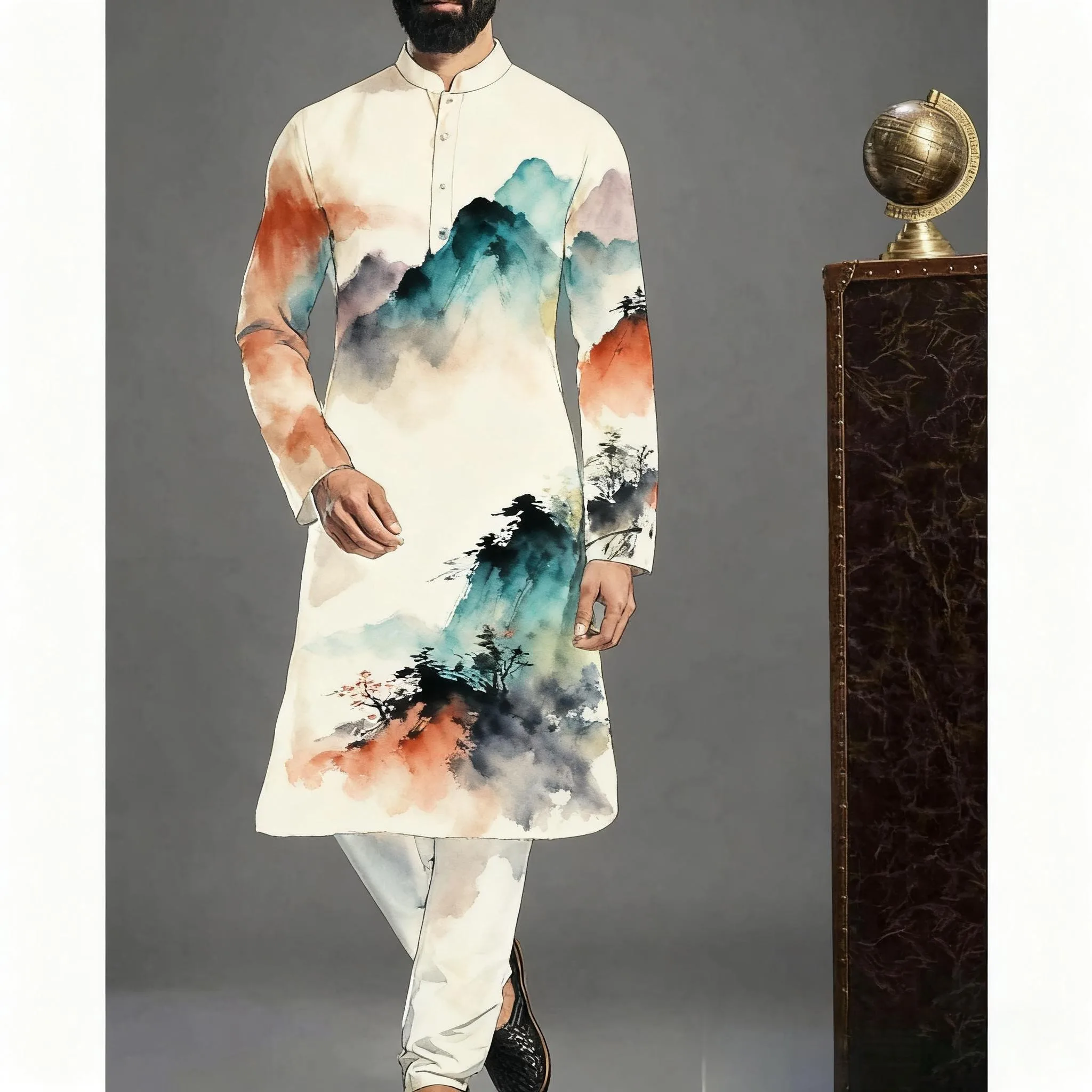 قميص كورتة إسلامية ملابس رجالية قفطان شعبي Musulman Kurta ملابس إسلامية هندية قمصان مطبوعة بأكمام طويلة