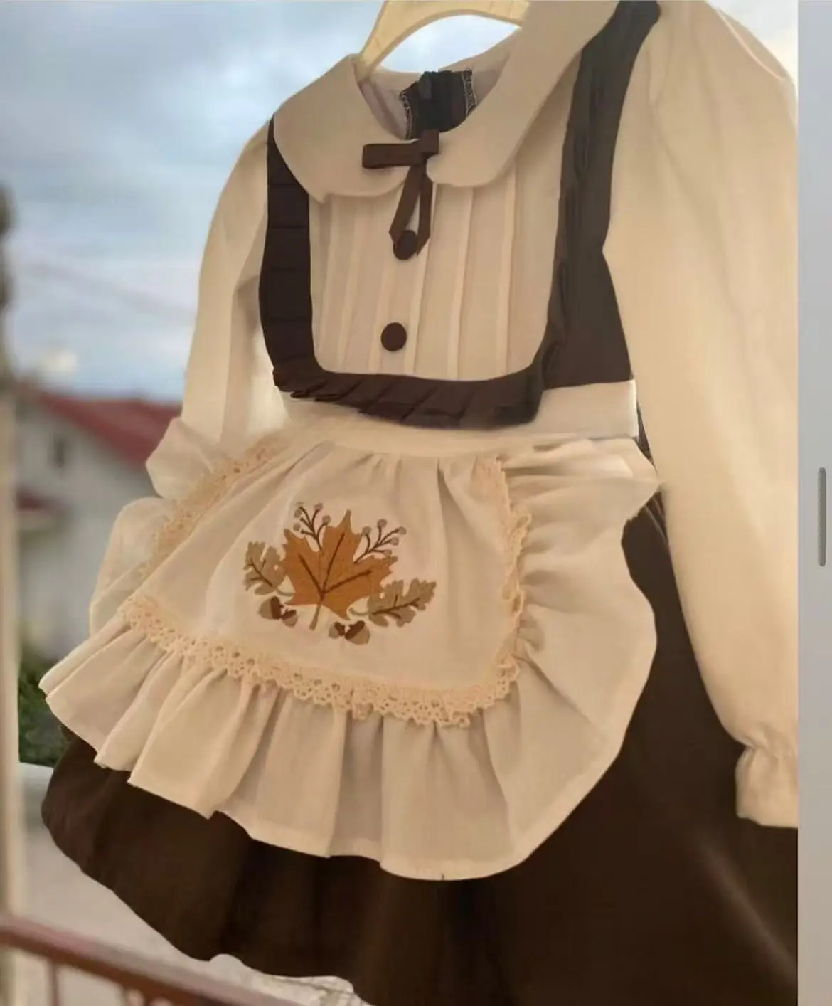 

0-12Y Baby Girl Autumn Maple Leaf Embroidery Apron Green Dress for Birthday Photography Holiday Eid Christmas C222