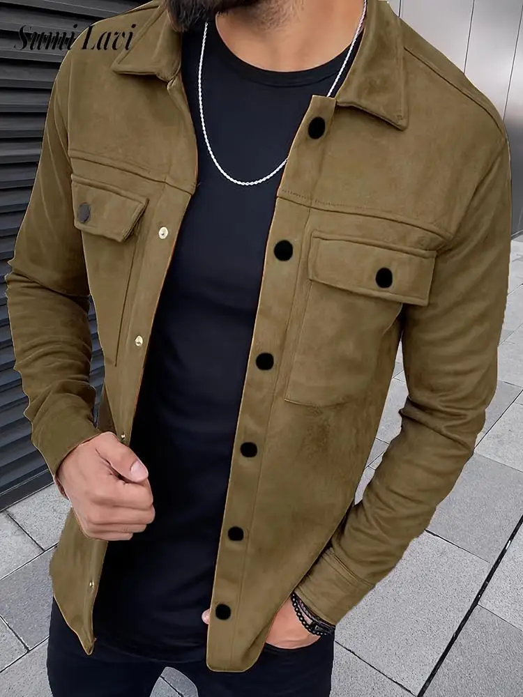 

Stylish Mens Button-up Cargo Jacket Coat 2026 Spring Auutmn Casual Solid Color Lapel Coats Men Clothes Vintage Suede Jackets