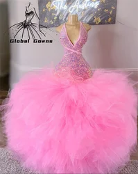 Sparkly Pink Sequined Long Prom Dress For Black Girls 2024 Halter Evening Gown Ruffles Backless Birthday Party Gowns Robe De Bal