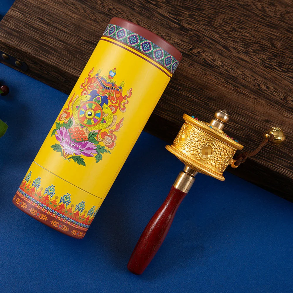 Copper alloy hand cranked prayer wheel, Six-character mantra relief scripture scroll drum, Handheld prayer wheel home ornament