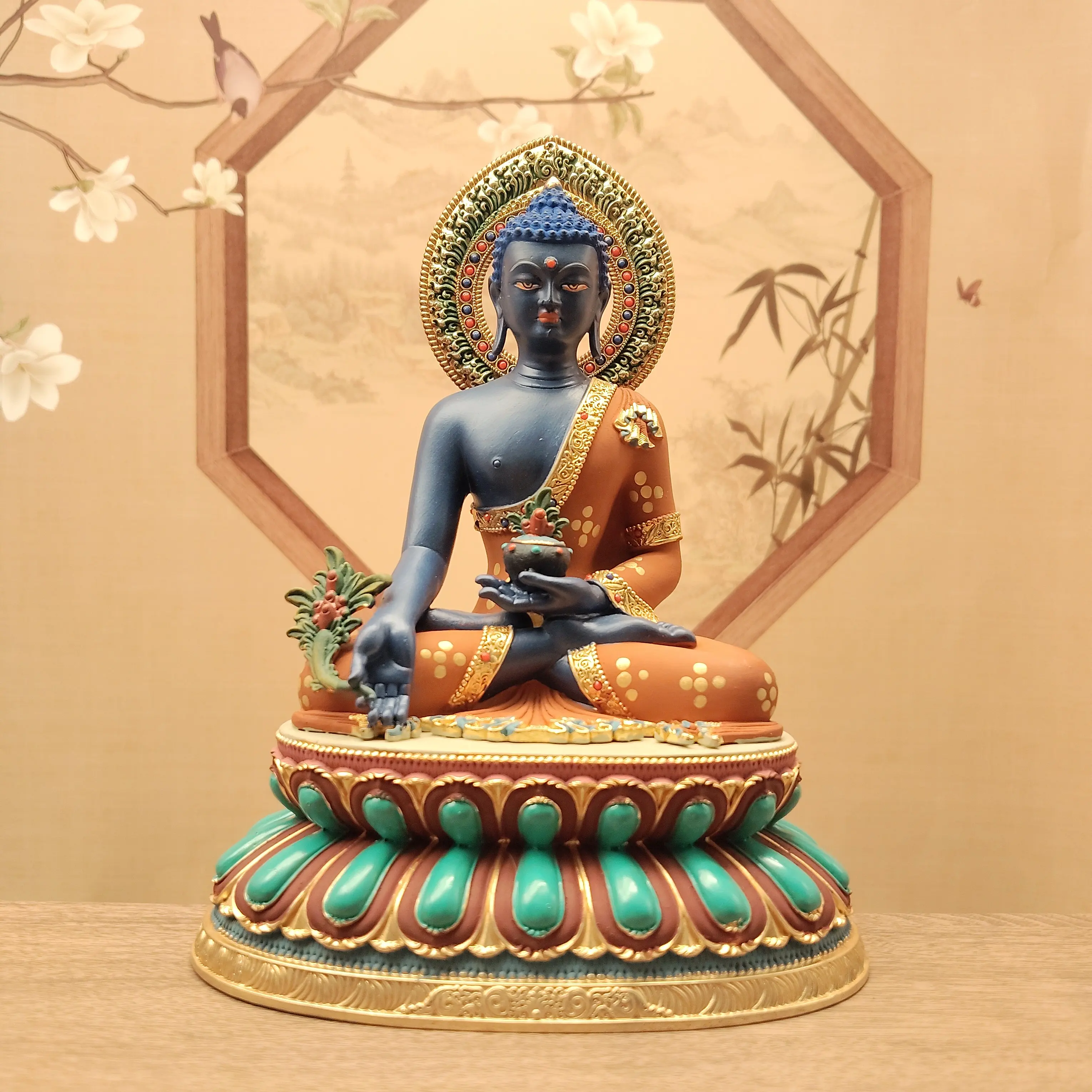 Tibetan Copper Painted Shakyamuni Amitabha Medicine Buddha Three Statues 15cm Home Altar Blessing