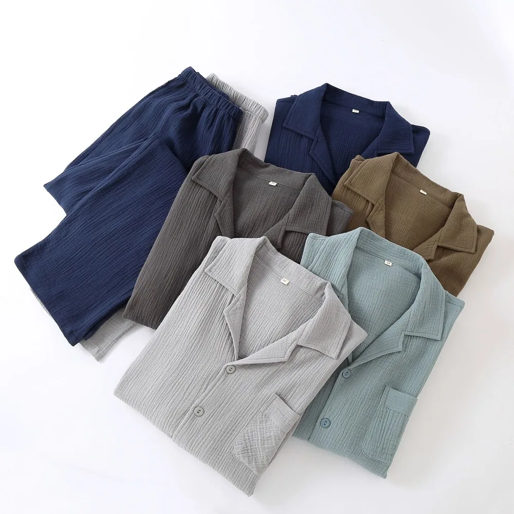 100% Cotton Pajamas for Men New Autumn Sleepwear 2PCS/Set Long-Sleeved Lapel Top Home Wear Suit Pyjamas Male for Loungewear
